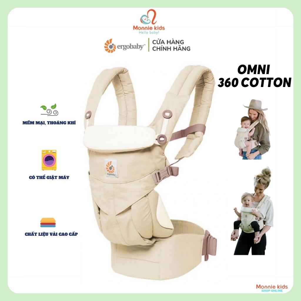 Địu ngồi Ergobaby Omni 360 Cotton cho bé 0m+, đai địu trợ lực em bé 4 tư thế - Monnie Kids