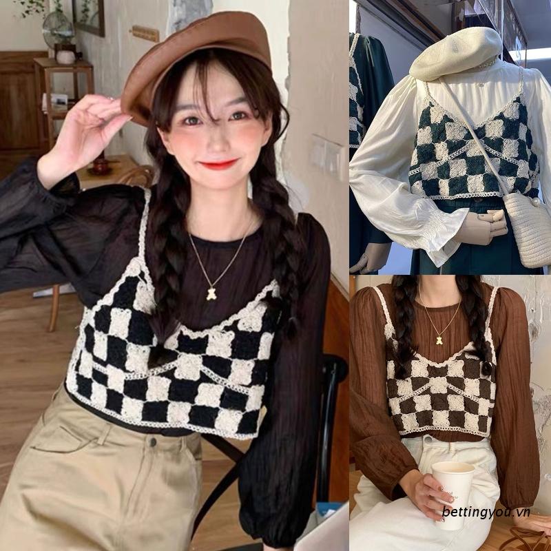 Áo Croptop Dệt Kim Sát Nách Cổ Chữ V In Họa Tiết Caro/Hoa Thời Trang Mùa Thu Cho Nữ
