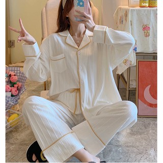 [MS 01] (CÓ SẴN) Đồ ngủ nữ tay dài pyjama mặc nhà màu trơn đơn giản phối viền