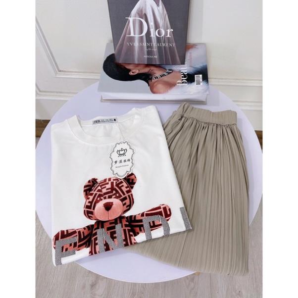 [ 𝐅𝐑𝐄𝐄 𝐒𝐇𝐈𝐏 ] SET ÁO PHÔNG GẤU MIX CHÂN VÁY DẬP LY DÁNG DÀI SIÊU XINH