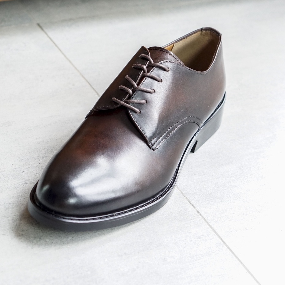 Giày nam derby công sở da bò đánh màu patina mũi tròn đế cao su đúc bảo hành 12 tháng