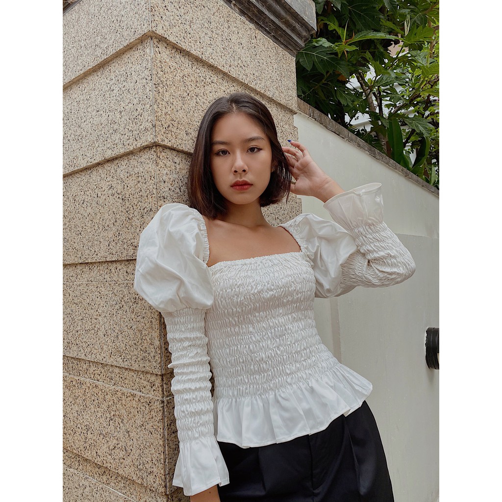 [Mã LT50 giảm 50k đơn 250k] Áo trắng tay dài nhún SY STORE