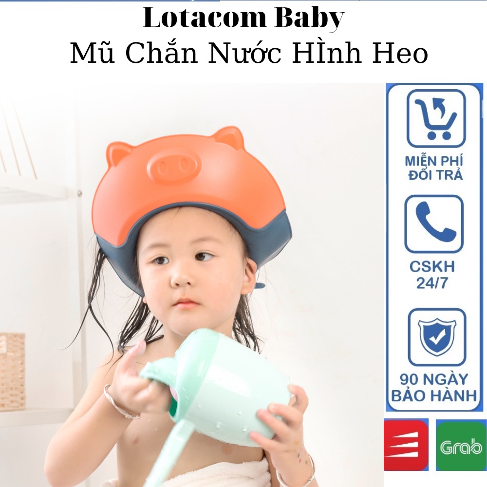 Mũ gội đầu cho bé viền silicon cao cấp,mũ tắm chắn nước cho bé giúp chống cay mắt hình heo Lotacom Baby