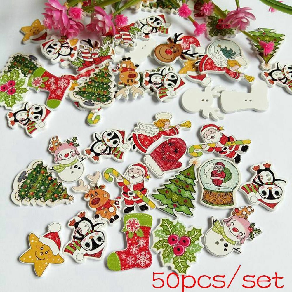 Set 50 nút cài áo trang trí album/đồ thủ công 2 lỗ phong cách Giáng sinh dễ thương