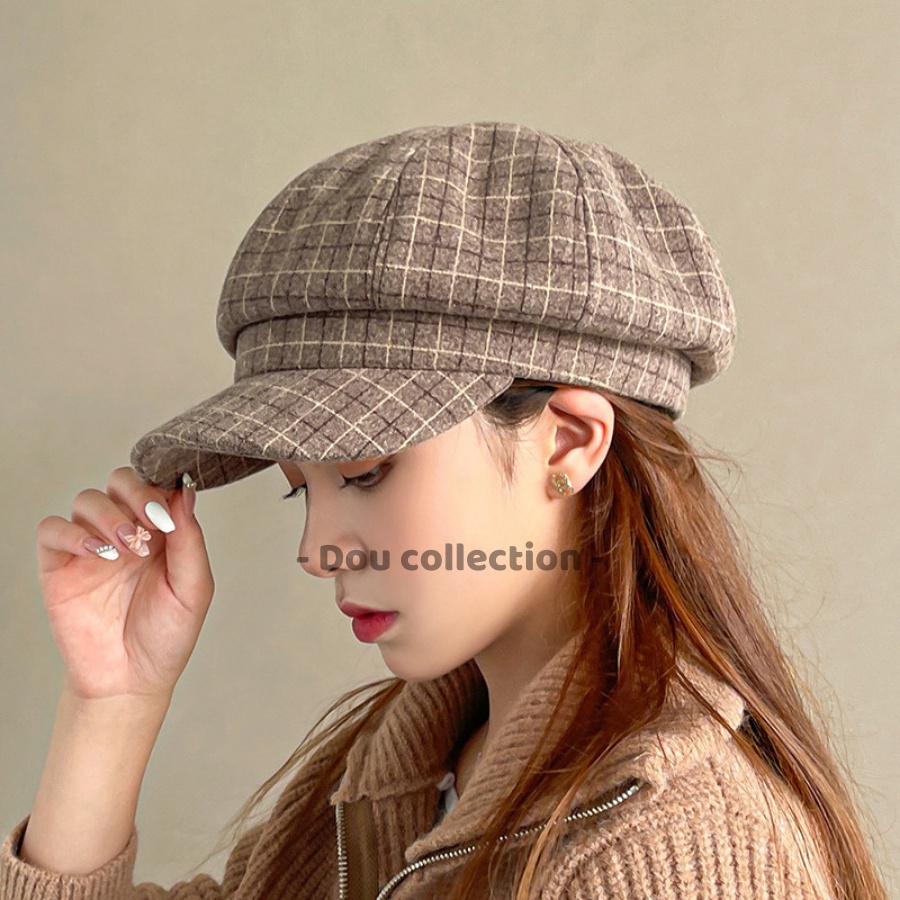 Mũ beret (Mũ nồi) trơn hình bí ngô bát giác họa tiết caro thời trang thu đông phong cách vintage - mã NV047