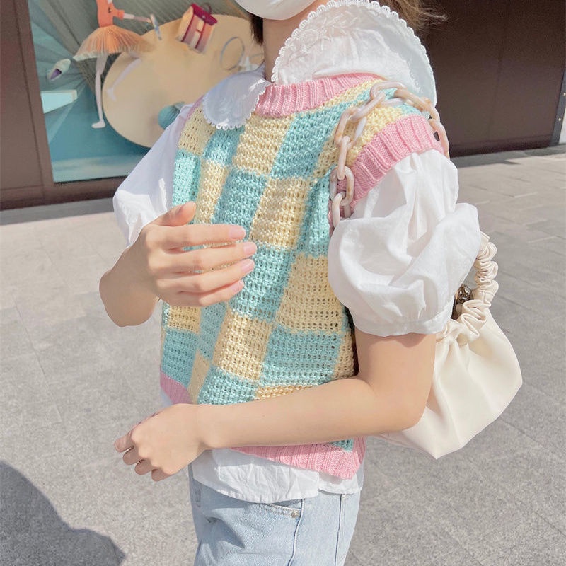 Áo Dệt Kim Sát Nách Sọc Ca Rô Phối Màu Tương Phản Cá Tính Thời Trang Hàn Quốc Cho Nữ