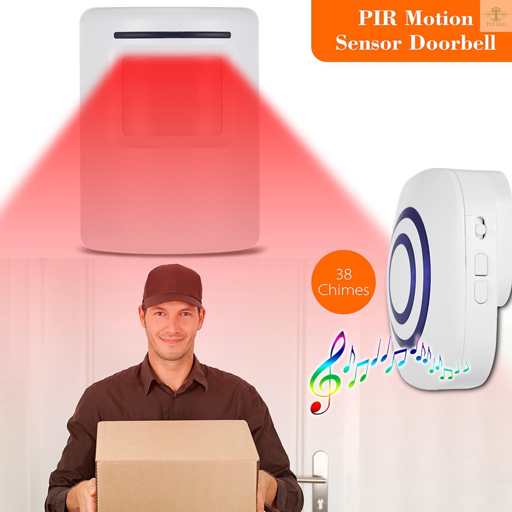 Wireless PIR Motion Sensor Doorbell 38 Chimes Volume Adjustment Long Transmission Range