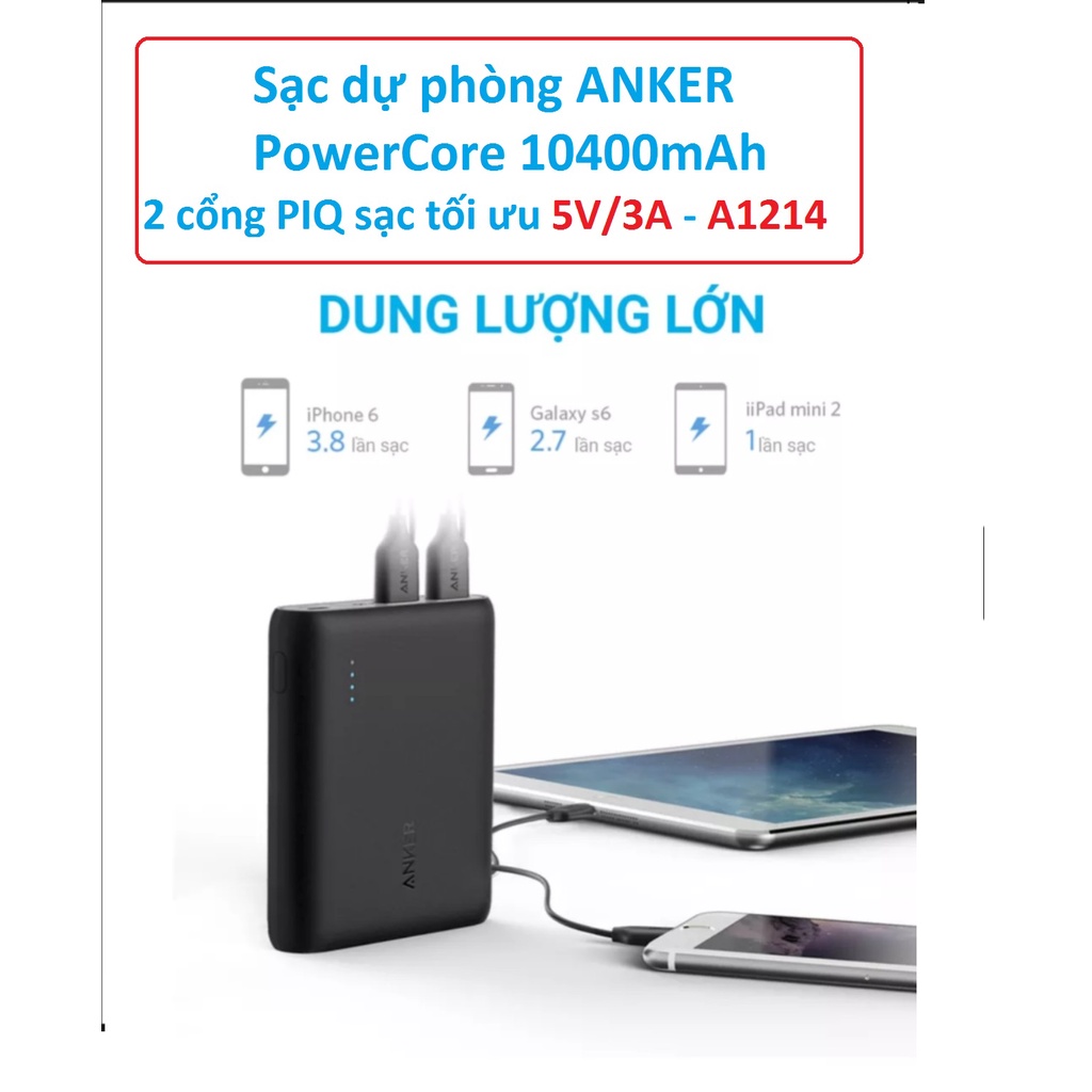 Sạc dự phòng ANKER PowerCore 10400mAh(Code: A1214) với 2 cổng PIQ sạc tối ưu 5V/3A