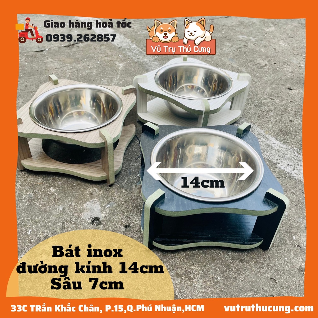 Bát ăn đơn cho thú cưng, bát ăn chó mèo bằng gỗ kèm chén inox