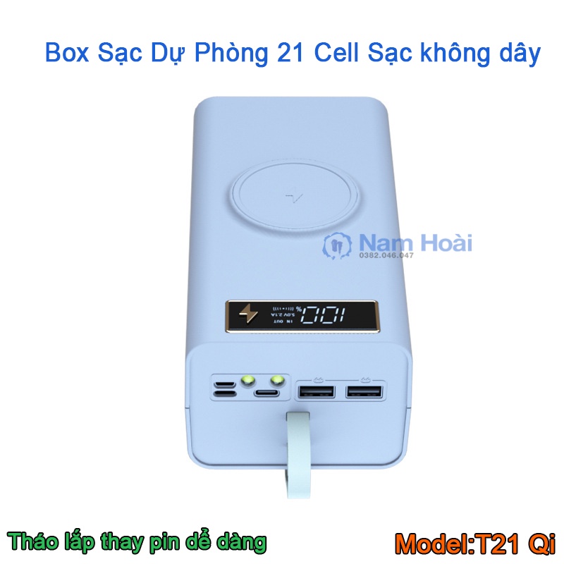 Box sạc dự phòng 21 cell pin 18650 sạc nhanh QC,PD 3.0 22.5W, sạc nhanh không dây 15W (Không gồm pin)
