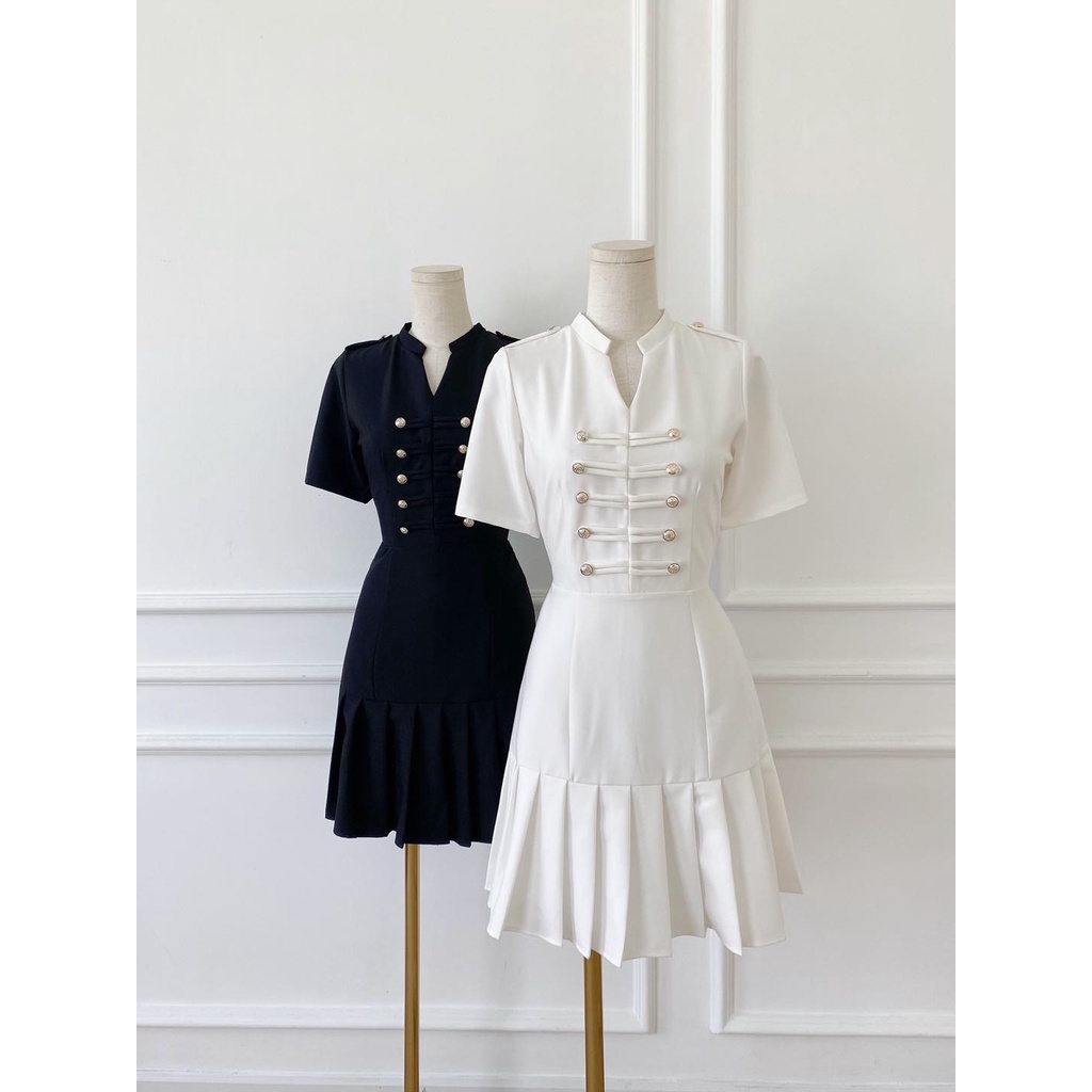 [HÀNG THIẾT KẾ CAO CẤP] Đầm Xòe Cổ Trụ Lai Xếp Li Công Sở / Đi Tiệc Sang Trong Màu Đen Form Ngắn