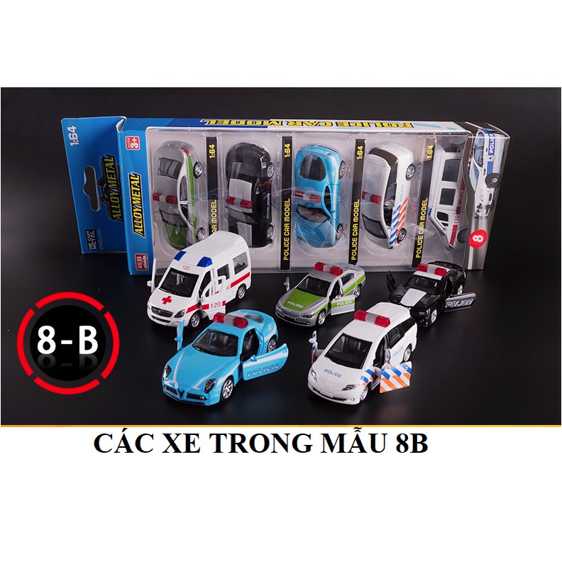 Bộ 5 xe ô tô cảnh sát mini bằng sắt tỉ lệ 1:64 chạy cót mở được cửa