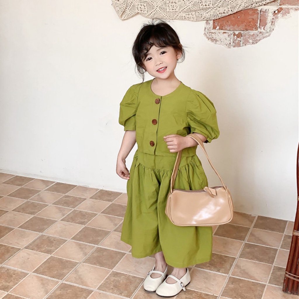 Bộ cộc tay kiểu dáng Hàn Quốc bé gái, Sét áo tay bồng quần ống sớ rộng cho bé