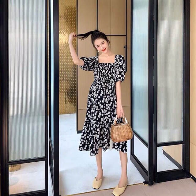 Váy hoa cúc nhí chun ngực dáng xoè dài