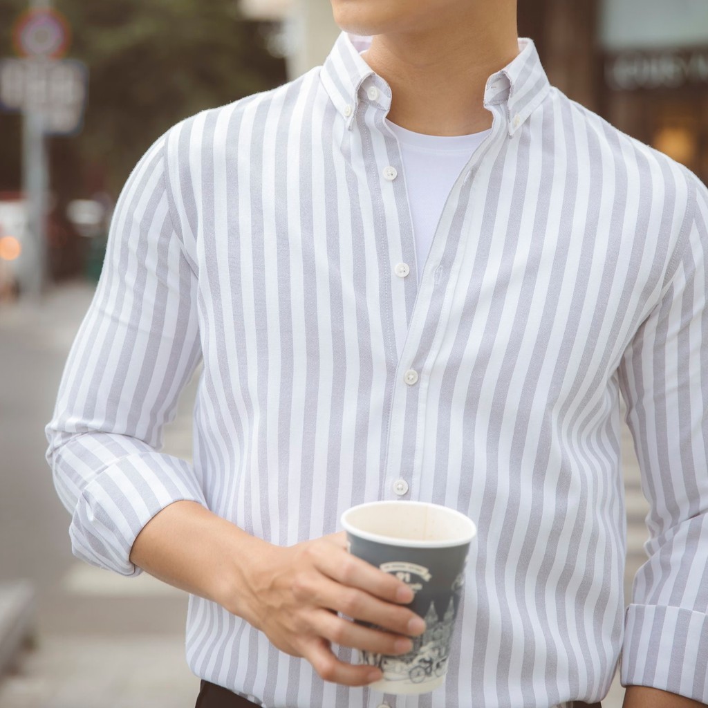 Áo Sơ Mi Dài Tay Phối Sọc BYCOTTON Stripes Grey Oxford Shirt