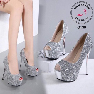 C139 Giày cao gót nhũ hở mũi 14cm sang chảnh 2 màu đen bạc