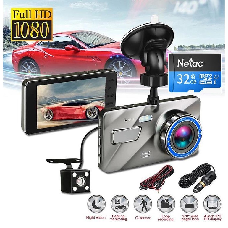 [ KÈM THẺ NETAC 32G ] Camera hành trình ô tô trước sau A10 Full HD 1080P kèm thẻ nhớ Netac 32G, ống kính kép siêu bền
