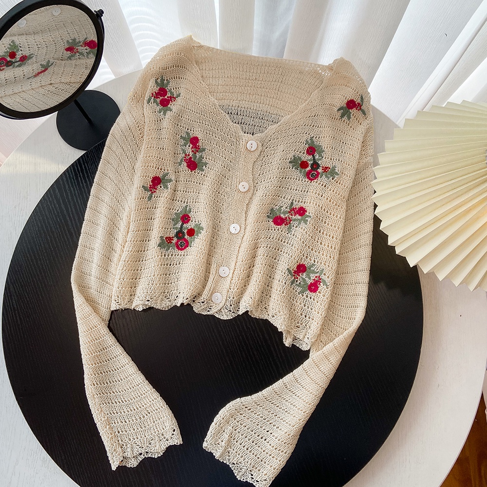 Porozi Áo khoác cardigan  dệt kim tay dài dáng ngắn thêu họa tiết phong cách xinh xắn thời trang Hàn Quốc cho nữ
