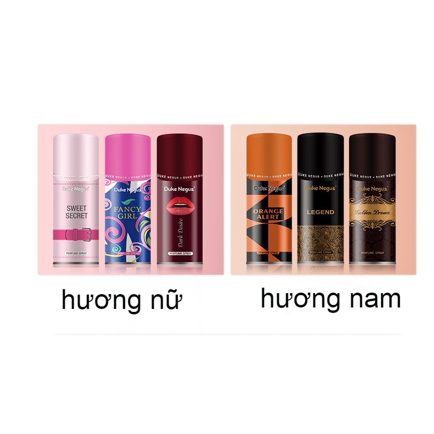 Xịt khử mùi Duke Negus ngăn mùi cơ thể nam nữ, khử mùi vùng nách 6 hương nước hoa, Xịt khử mùi đa năng, xịt thơm | BigBuy360 - bigbuy360.vn