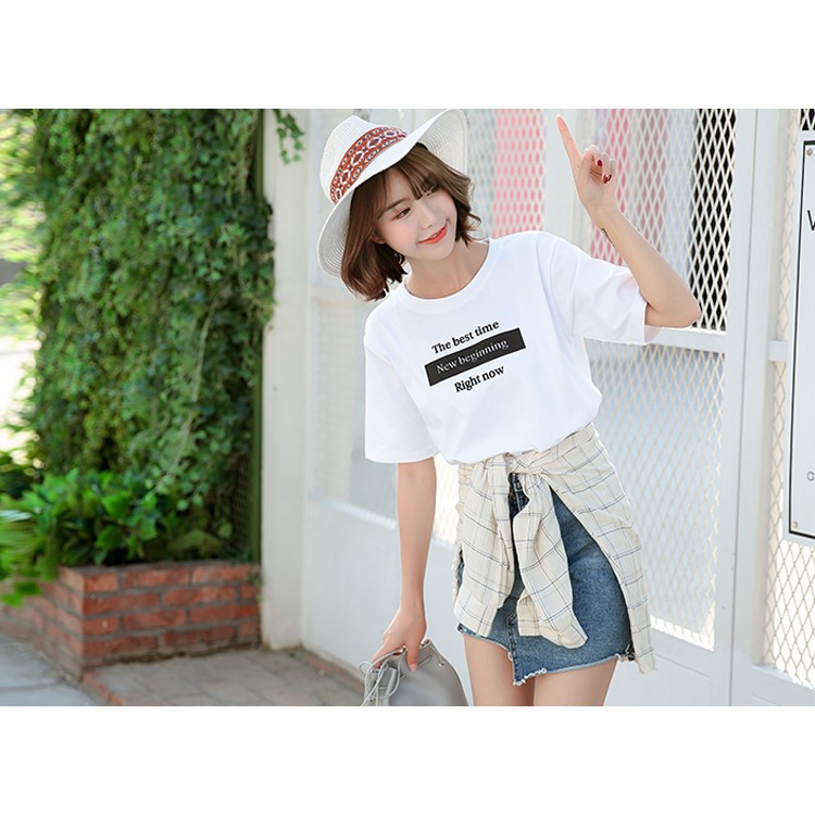 Áo thun nữ Hàn Quốc tay lỡ form rộng the best time vải dày mịn