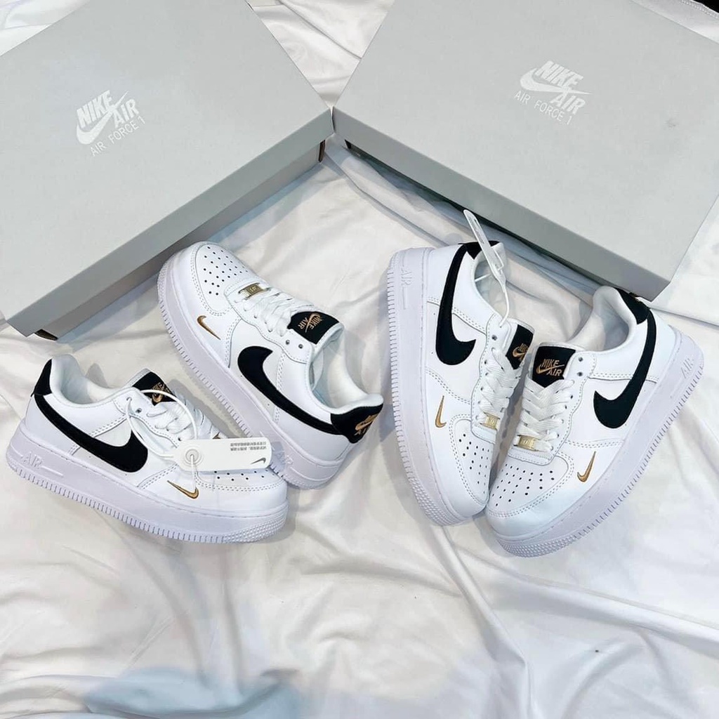 Giày Sneaker air force 1 low trắng vệt đen logo thêu vàng , Giày thể thao af1 07 Essential White Black Gold 2023 Full