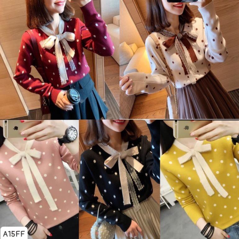 Áo len nơ chấm bi ren cổ siêu đẹp .Sỉ 150k