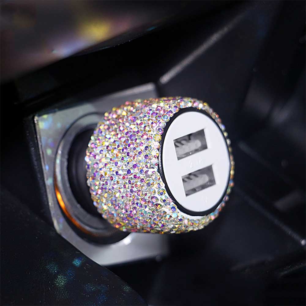 Tẩu Sạc Nhanh USB Kép Đính Đá Pha Lê Thủ Công Dùng Trên Xe Hơi