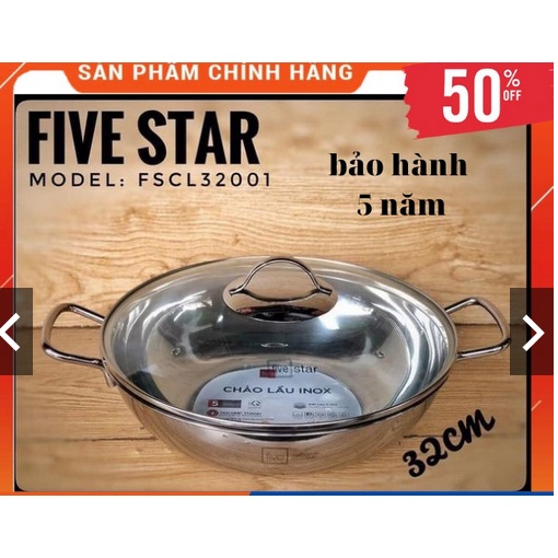 Chảo Lẩu Xào Sâu Lòng  26cm 3 Đáy Inox 430 Fivestar- Đáy Từ Lắp Kính - Bảo Hành 5 Năm