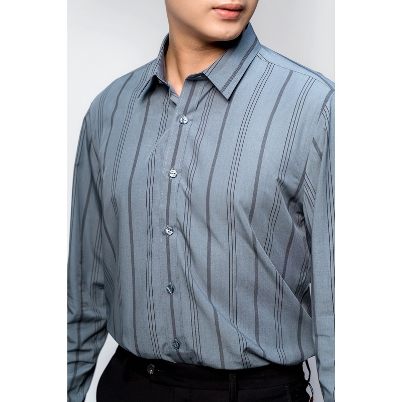 Áo sơ mi nam dài tay OWEN AS23379D somi công sở vải sợi tre cao cấp màu ghi xám kẻ sọc dáng ôm tà lượn không túi