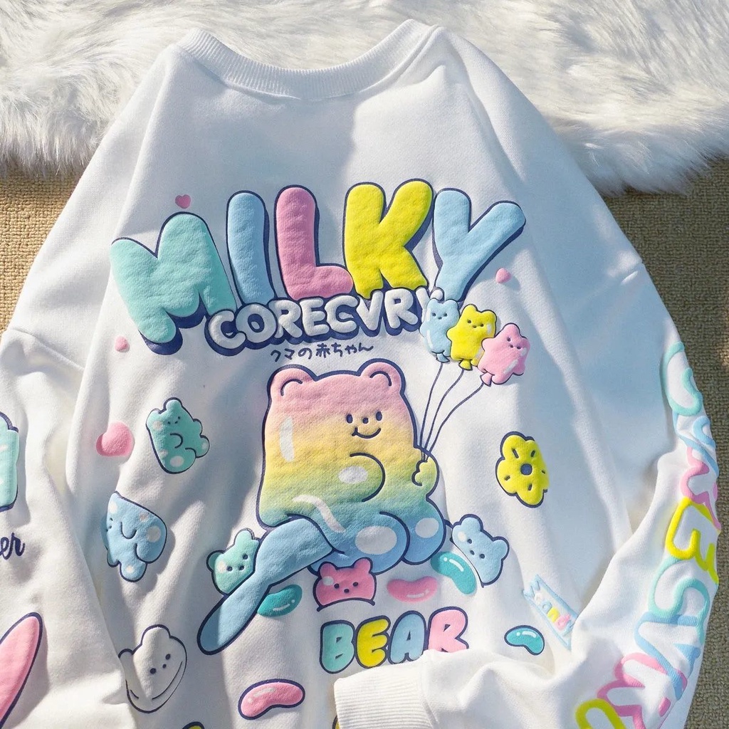 Áo Thun Tay Dài Dáng Rộng Cổ Tròn In Họa Tiết Chú Gấu Dễ Thương Cho Bé Trai Và Gái