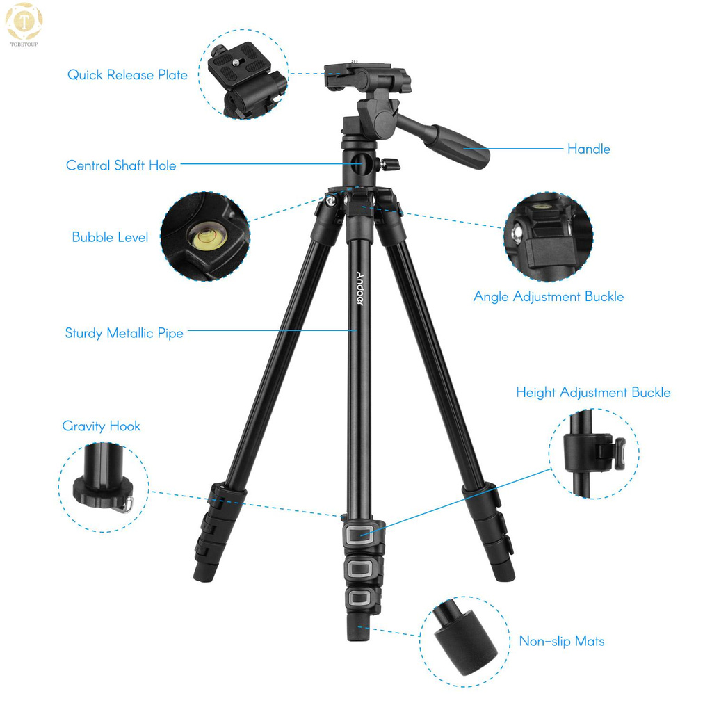 Shipped within 12 hours】 Andoer Q160HA Professional Video Tripod Horizontal Mount Heavy Duty Camera Tripod with 3-Way Pan & Tilt Head for DSLR Cameras Camcorders Mini Projector Compatible with Canon Nikon Sony Tripod [TO]