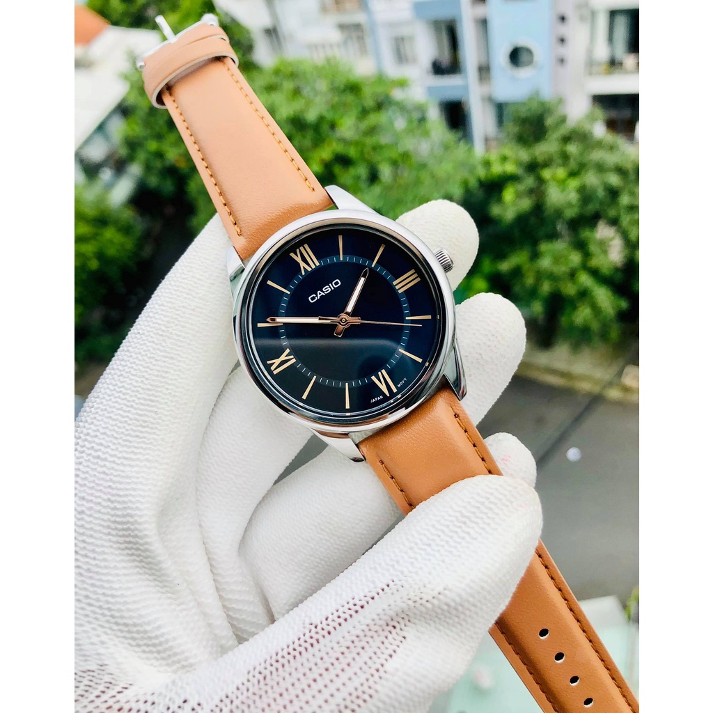 Đồng hồ nam dây da Casio MTP V005L Mặt số la mã Đen-Trắng-Xanh Bảo hành 1 năm Hyma watch