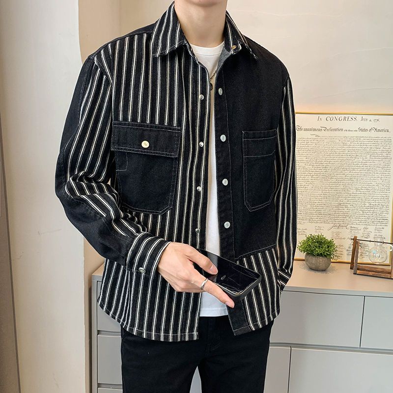 Áo Sơ Mi Nam!Áo Khoác Denim Dáng Rộng Phối Họa Tiết Kẻ Sọc Thời Trang Xuân Thu Phong Cách Hàn Quốc Mới Cho Nam