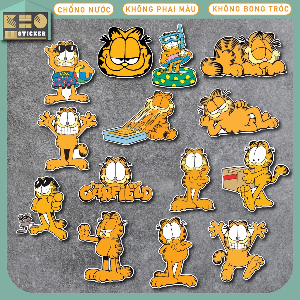 Combo 50 Sticker Garfield chống nước sticker dán laptop, điện thoại, đàn guitar, mũ bảo hiểm, vali. MSP: ST94