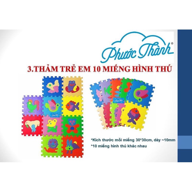 Thảm trẻ em 10 miếng hình thú khác nhau Phước Thành 30×30×1cm