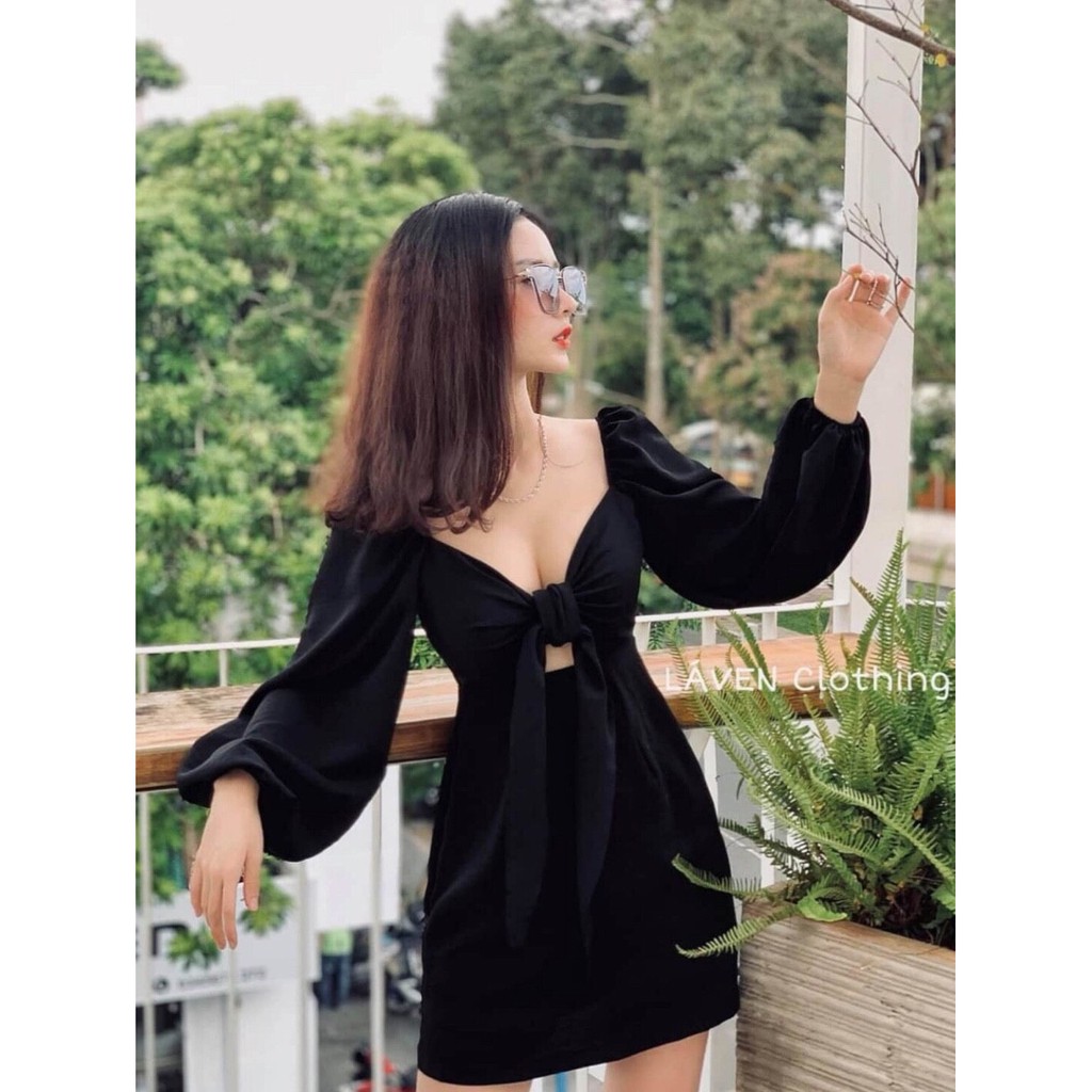 Váy đầm nữ dáng ôm kiểu tay phồng cột nơ trước ngực chất đũi cao cấp thiết kế trẻ trung quyến rũ thích hợp mặc đi chơi | BigBuy360 - bigbuy360.vn