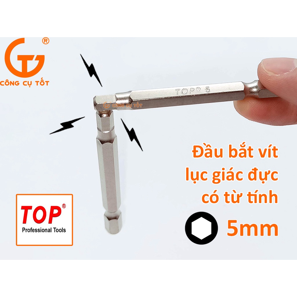 Vỉ 10 đầu bắt vít lục giác đực 5 mm dài 65 mm chuôi lục TOP