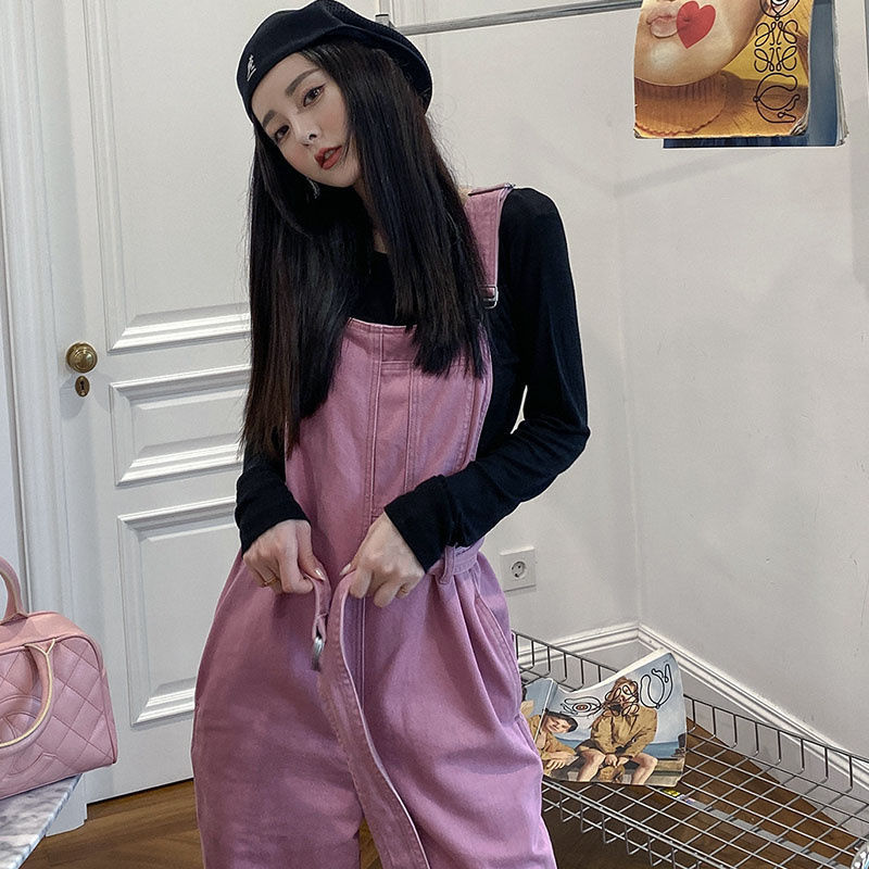 Fried Street Mopping Jeans Suspenders Women's 2021 Spring and Summer New Korean Loose Lace Up Waist Strap Jumpsuit