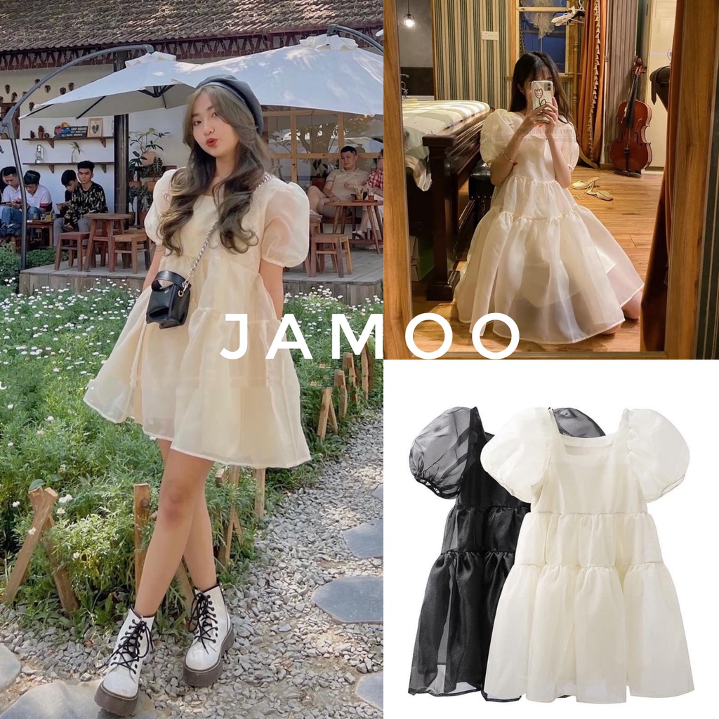 Váy babydoll tơ 2 lớp tiểu thư màu Be/Đen
