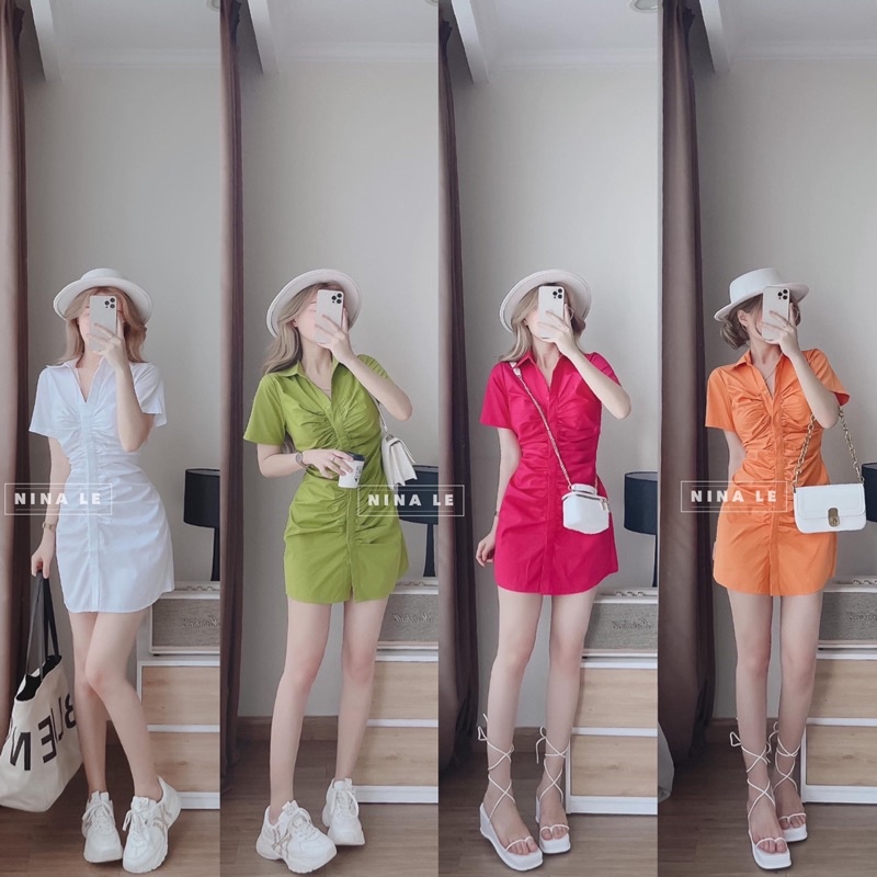 Váy sơmi nhún ❤️Đầm thân nhúng ngắn tay