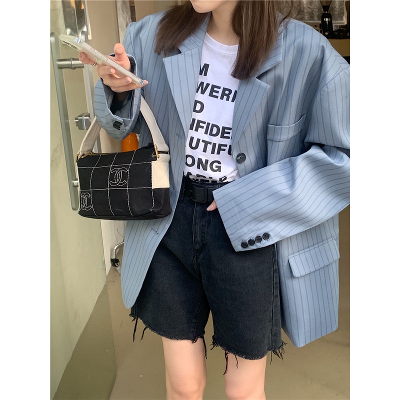 Ảnh thật 2 hình cuối-Áo blazer kẻ sọc xanh xám Unisex cá tính