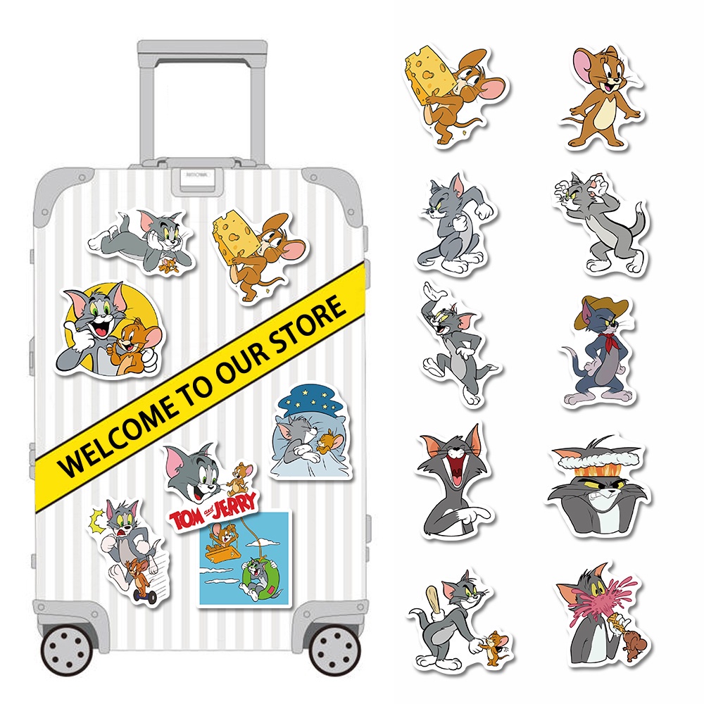 Set 50 chiếc sticker chống thấm nước TOM AND CHERRY - MÈO VÀ CHUỘT dán mũ bảo hiểm, vali, laptop, xe, đàn