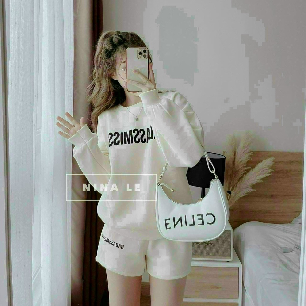 (Sale FreeShip) Đồ bộ đùi nữ,bộ nỉ áo tay dài bo chun in chữ nổi mix quần có túi,from rộng dễ mặc lên from chuẩn