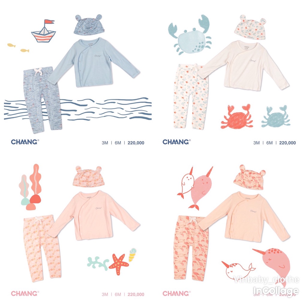Chaang set bộ dài tay sơ sinh cúc chéo kèm mũ cho bé, chất cotton dành cho bé từ 0 tháng đến 6 tháng SS2022D03
