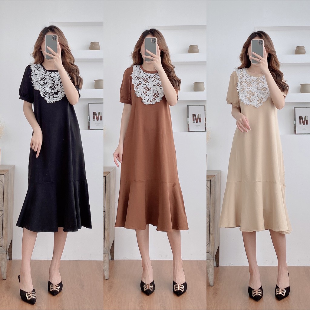 Đầm thun cotton suông đuôi cá dáng dài cổ ren ngắn tay form xuông rộng freesize V186 Michi House