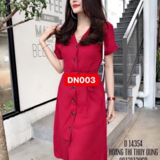 Đầm sơ mi nút cột eo