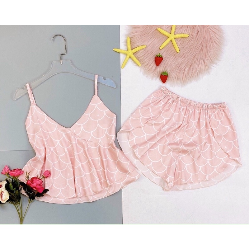 🎀 Vải xịn 🎀   Bộ đồ ngủ sleepwear 2 dây croptop vạt chéo dễ thương cao cấp mịn màng