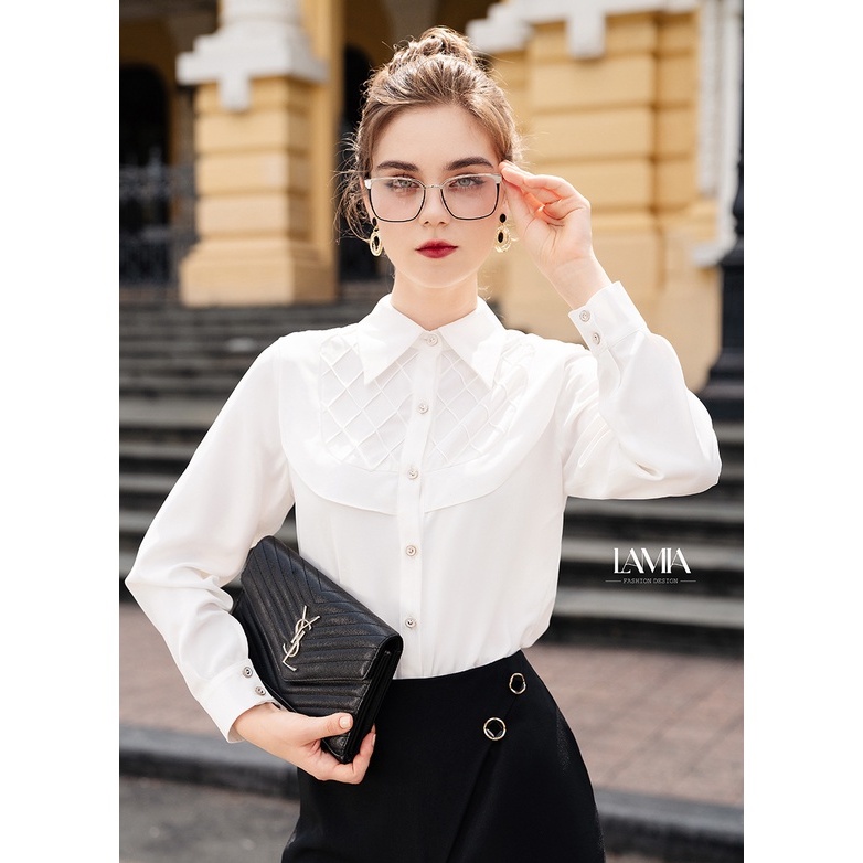 Áo sơ mi nữ hè Lamia Design LA299 lụa Hàn màu trắng sáng cách điệu vạt trước