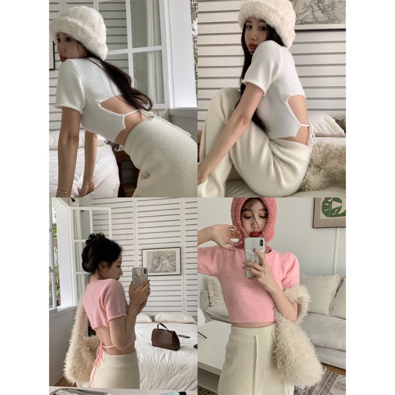 Áo croptop dệt kim SUXI tay ngắn lưng cao cột dây phong cách Hàn Quốc quyến rũ
