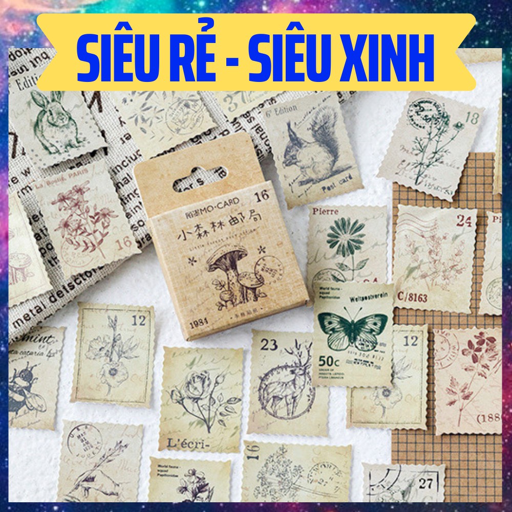 Bộ 46 sticker vintage - tem thư hình thực vật little forest post office